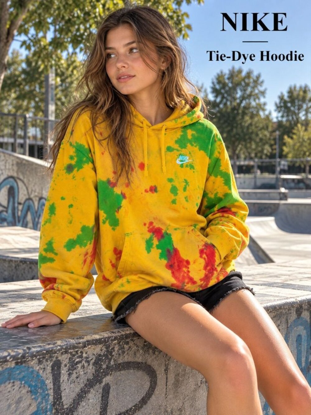 Nike Tie Dye Pullover Hoodie 3X Yellow Green Red Swoosh Streetwear Sweatshirt